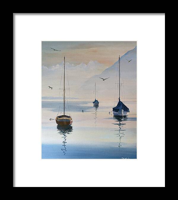 Locarno Framed Print featuring the painting Locarno Boats in February-2 by David Gilmore