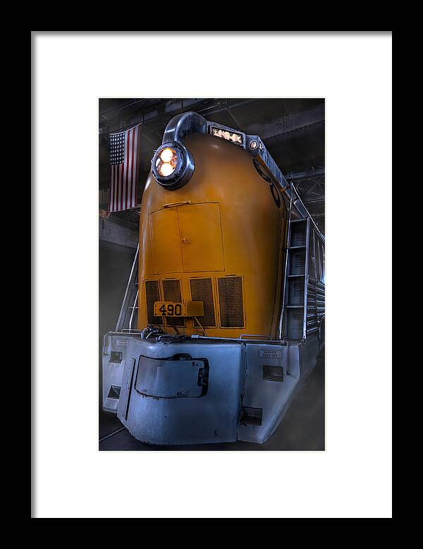 315 490 Locomotive Commercial Industrial Age Train Railroad Rail Engine Power Powerful Majestic Color Vertical Tall American Flag America Us Usa B&o Baltimore Yellow Orange Blue Gray Chrome Red White Blue Smooth Streamline Steam Headlight Md Maryland Indoors Shop Steel Dark Steve Steven Maxx Photography Photo Photographs Framed Print featuring the photograph Locomotive by Steven Maxx
