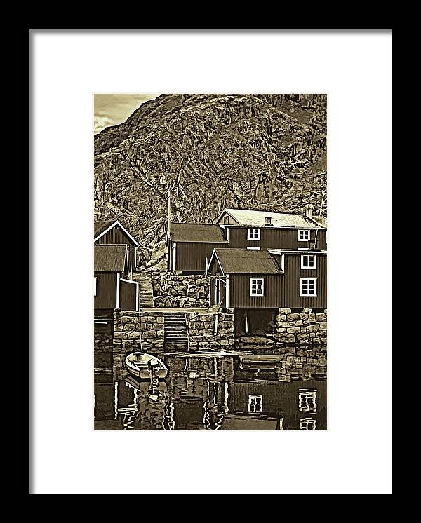 Lofoten Framed Print featuring the photograph Lofoten Fishing Huts - Sepia by Steve Harrington