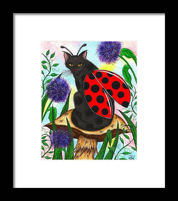 Ladybug Framed Print featuring the painting Logan Ladybug Fairy Cat by Carrie Hawks