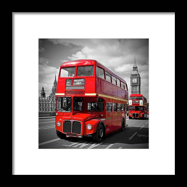 British Framed Print featuring the photograph LONDON Red Buses on Westminster Bridge by Melanie Viola