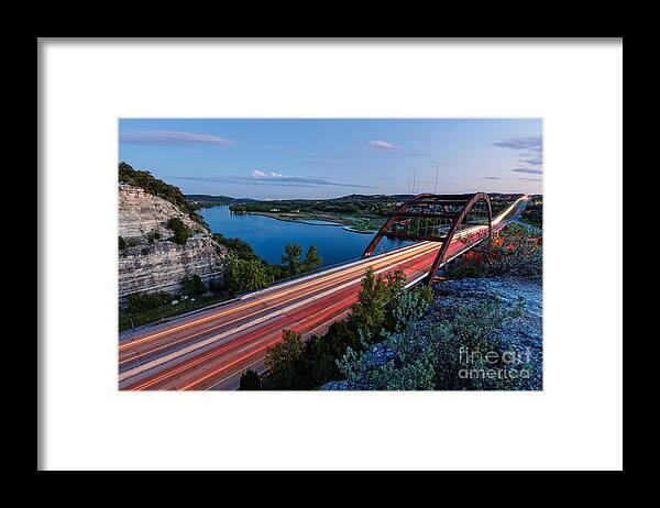 Percy Framed Print featuring the photograph Long Exposure View of Pennybacker Bridge over Lake Austin at Twilight - Austin Texas Hill Country by Silvio Ligutti