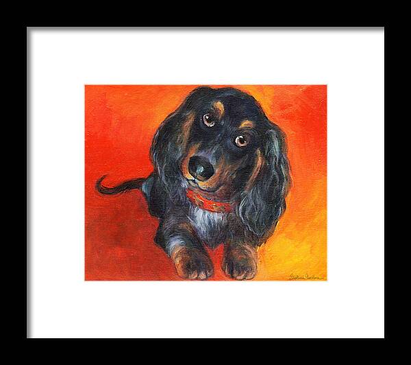Long-haired Framed Print featuring the painting Long haired Dachshund dog puppy Portrait painting by Svetlana Novikova