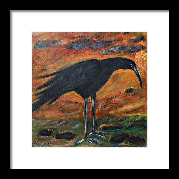 Katt Yanda Original Art Oil Painting Long Legged Crow Framed Print featuring the painting Long Legged Crow by Katt Yanda