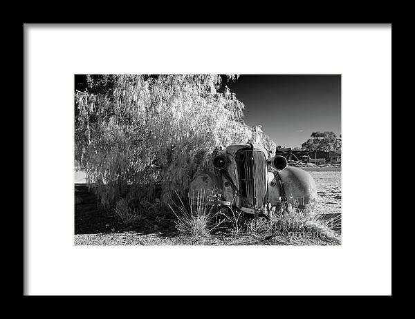 Broken Hill Nsw New South Wales Australian Old Car Pepper Tree Monochrome Mono B&w Black And White Framed Print featuring the photograph Long Term Parking by Bill Robinson
