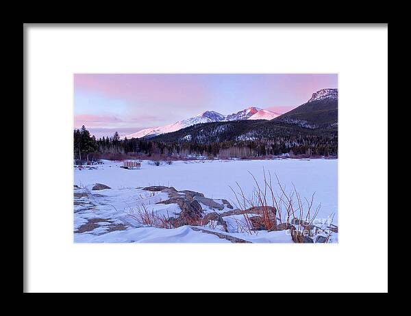 Colorado Framed Print featuring the photograph Long's Peak and Lily Lake sunrise in Estes park, Colorado by Ronda Kimbrow