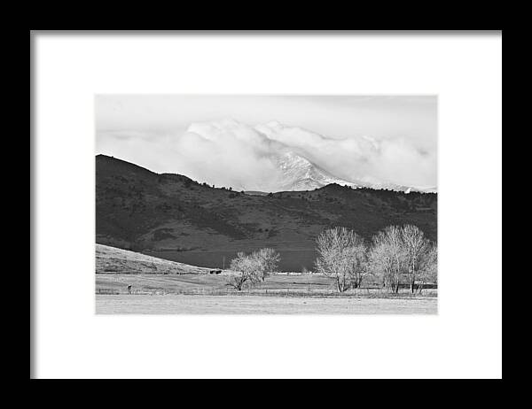 Colorado Framed Print featuring the photograph Longs Peak Snow Storm BW by James BO Insogna