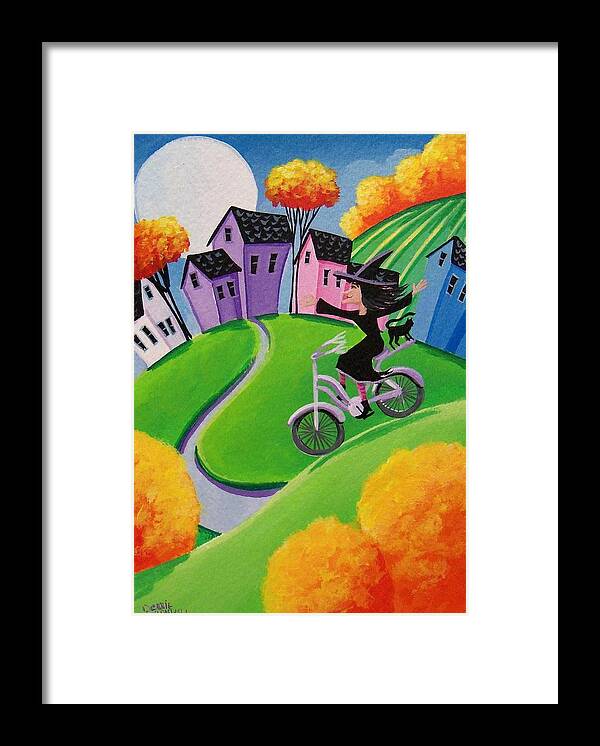 Witch Framed Print featuring the painting Look No Hands  witch cat ridng bike by Debbie Criswell