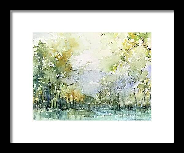 Landscape Framed Print featuring the painting Beyond the Trees by Robin Miller-Bookhout