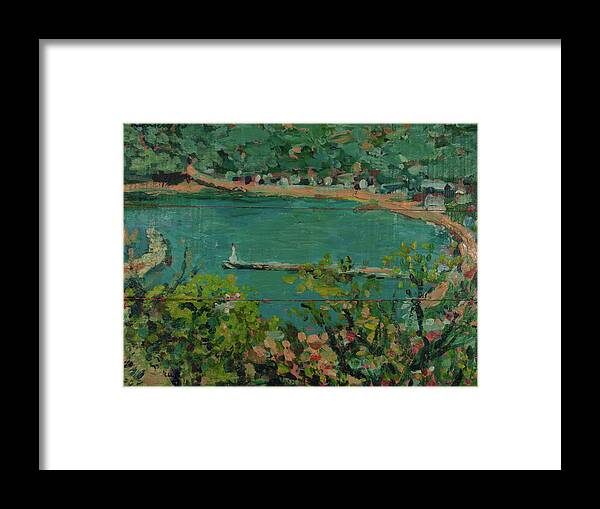Painting Framed Print featuring the painting Looking down on harbour on Skopelos by Peregrine Roskilly