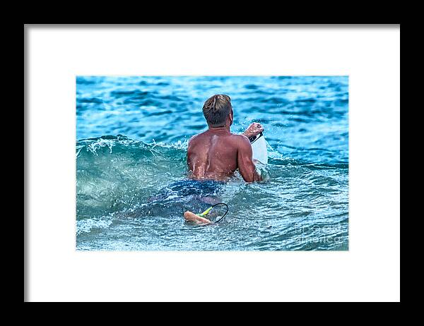 A Surfer Waits And Looks For The Next Wave To Ride. Framed Print featuring the photograph In The Lineup by Eye Olating Images