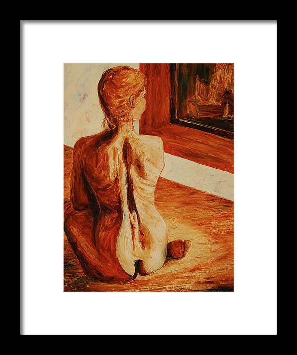 Nude Framed Print featuring the painting Looking into the flames by Bonnie Peacher