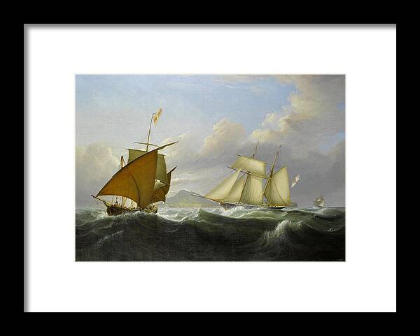 John Lynn Framed Print featuring the painting Lord Belfast's yacht Emily off the Mediterranean coast with a xebec off her port bow by John Lynn