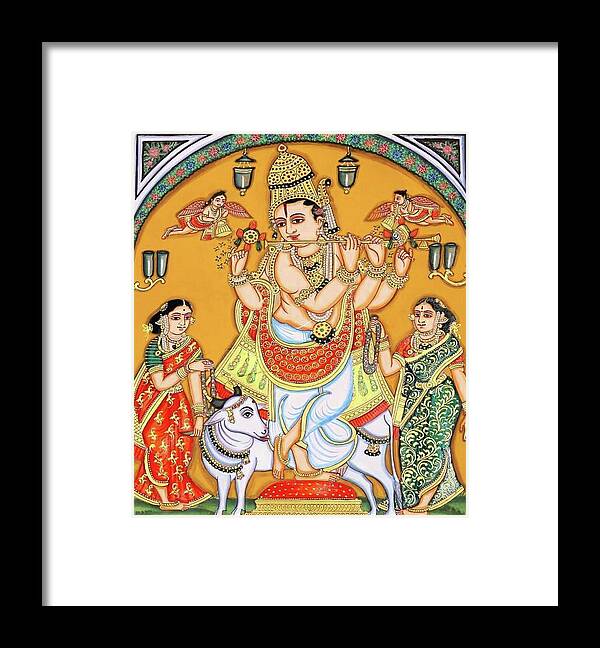 Lord Shri Krishna With Cow Framed Print featuring the painting Lord Shri Krishna with Cow, Hindu God , Indian Miniature Painting Watercolor Artwork India. by B K Mitra