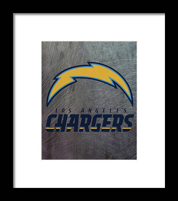 Los Angeles Chargers Framed Print featuring the mixed media Los Angeles Chargers on an abraded steel texture by Movie Poster Prints