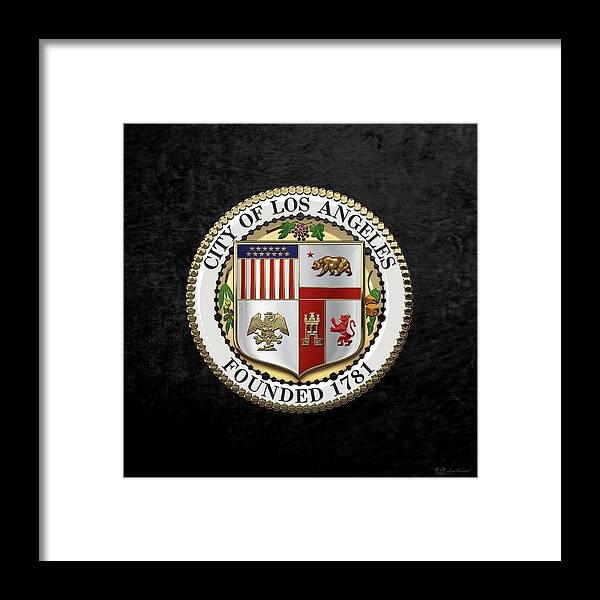 'cities Of The World' Collection By Serge Averbukh Framed Print featuring the digital art Los Angeles City Seal over Black Velvet by Serge Averbukh