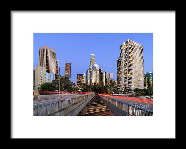 Los Angeles Framed Print featuring the photograph Los Angeles downtown night scene by Chon Kit Leong