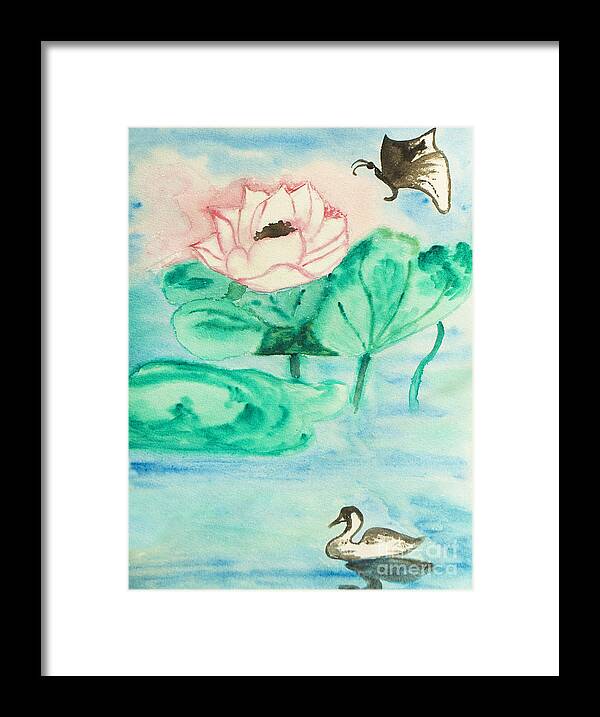 Art Framed Print featuring the painting Lotus, butterfly and swan, painting by Irina Afonskaya