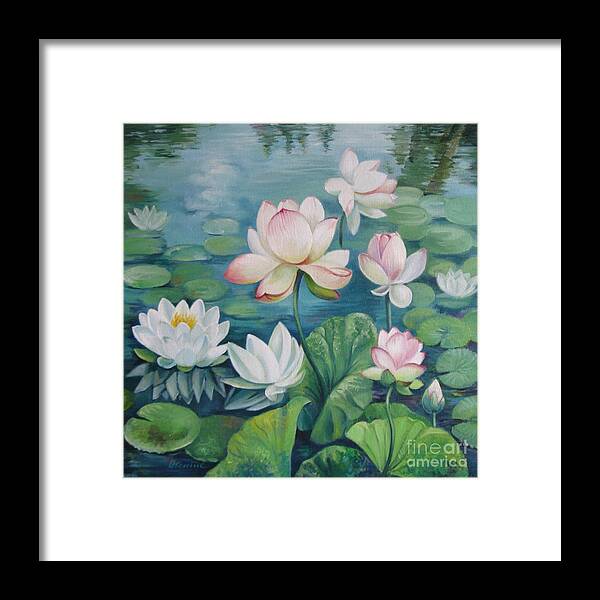 Lotus Framed Print featuring the painting Lotus flowers by Elena Oleniuc