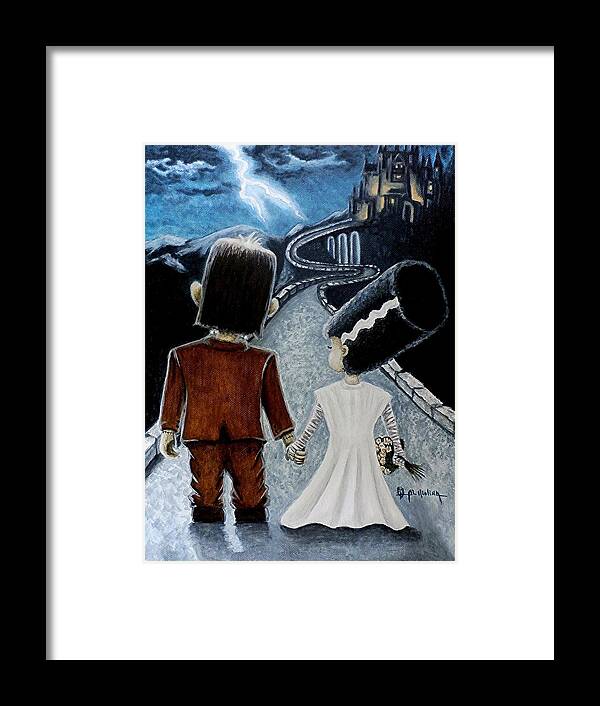Frankenstein Framed Print featuring the painting Love begins with a Spark by Al Molina