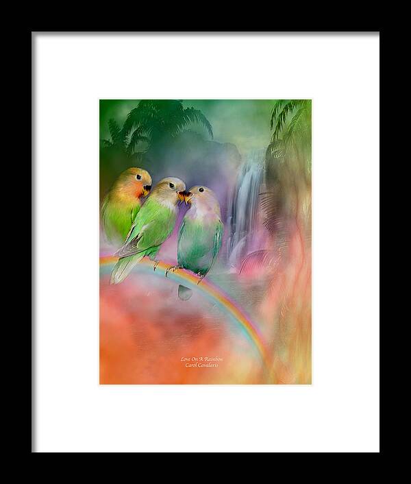 Lovebird Framed Print featuring the mixed media Love On A Rainbow by Carol Cavalaris