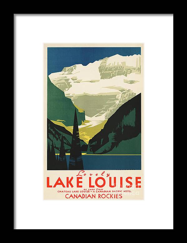  Framed Print featuring the drawing Lovely Lake Louise vintage travel ad by Heidi De Leeuw