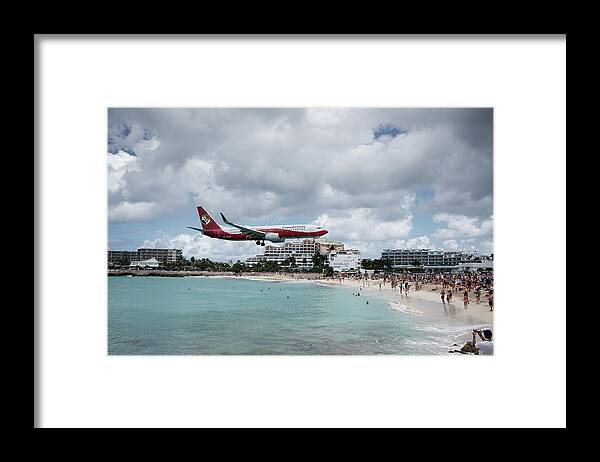 Princess Juliana International Airport Framed Print featuring the photograph Low Landing At Sonesta Maho Beach by Nick Mares