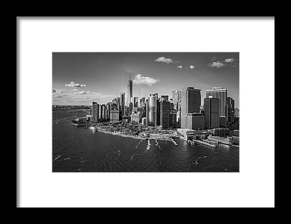 Aerial View Framed Print featuring the photograph Lower Manhattan Aerial View BW by Susan Candelario