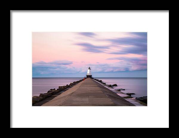 3scape Framed Print featuring the photograph Ludington North Breakwater Light Sunrise by Adam Romanowicz