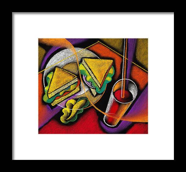Bowl Close Up Color Image Concept Convenience Dinner Food And Drink Fork Grape Hamburger Illustration Illustration And Painting Lunch Macaroni Macaroni And Cheese Nobody Sandwich Square Image Still Life Variety Assortment Bread Close-up Color Colour Cutlery Drawing Food Fruit Ground Beef Meal Mince Pasta Square Still-life Abstract Painting Decorative Art Framed Print featuring the painting Lunch by Leon Zernitsky
