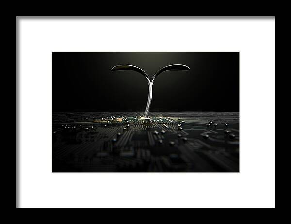 Plant Framed Print featuring the digital art Macro Circuit Board With Futuristic Plant by Allan Swart