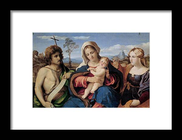 Palma Vecchio Framed Print featuring the painting Madonna and Child with Saint John the Baptist and Magdalene by Palma Vecchio