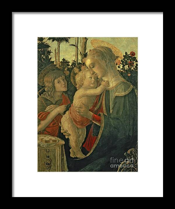 Young; Boy; Garden; Prayer Book; Rose; Renaissance Framed Print featuring the painting Sandro Botticelli, Madonna and Child with St. John the Baptist by Sandro Botticelli