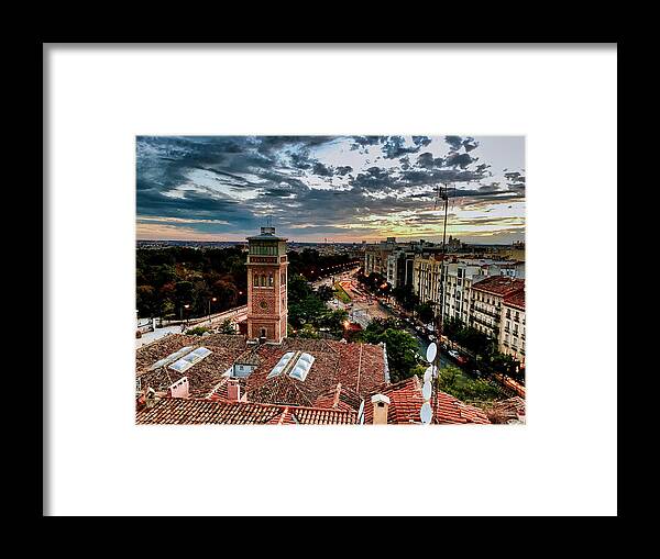 Madrid Spain Sunset City Dusk Sky Roof Framed Print featuring the photograph Madrid Sunset by Nora Martinez