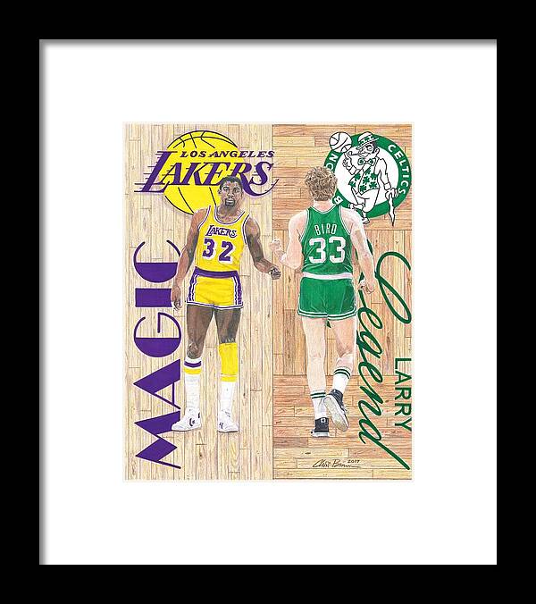 Magic And Bird Framed Print featuring the drawing Magic Johnson and Larry Bird by Chris Brown