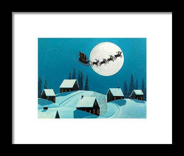 Art Framed Print featuring the painting Magical Night - Santa reindeer Christmas landscape by Debbie Criswell