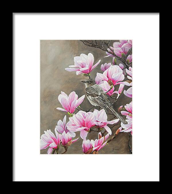 Song Bird Framed Print featuring the painting Magnolias And Mockingbird by Johanna Lerwick