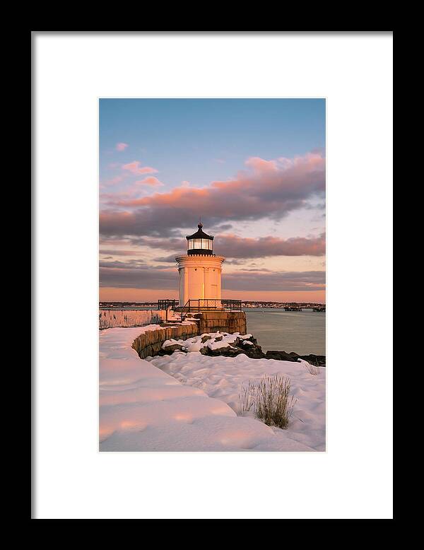 Maine Framed Print featuring the photograph Maine Bug Light Lighthouse Snow at Sunset by Ranjay Mitra