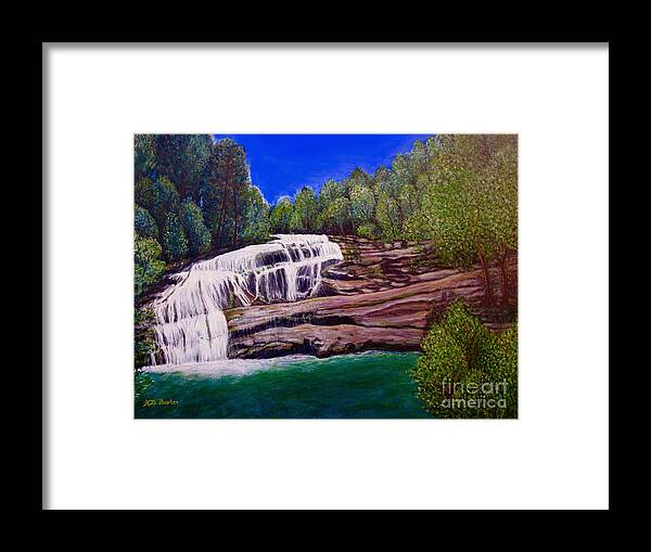 Bald River Falls Full Cascading Waterfall Blue Skies Overhead And Lined With Deciduous And Evergreen Trees On Either Side Clear Blue Green Water With White Water Pooling At Bottom Sunlight On River Rock Balance Of Cool And Warm Tones Waterfall Nature Scenes Framed Print featuring the painting Majestic Bald River Falls of Appalachia by Kimberlee Baxter