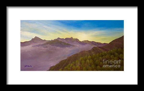 Panaromic View Sunrise Morning Superior View Mountains Evergreen Trees Mist Valley Bright Morning Sun Burst Of Light Sunrise Painting Mountain Nature Scene Acrylics Framed Print featuring the painting Majestic Morning Sunrise by Kimberlee Baxter