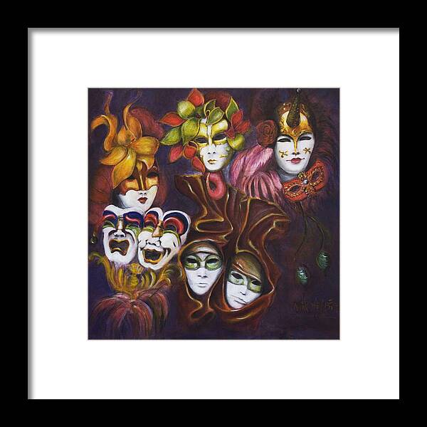 Masks Framed Print featuring the painting Making Faces I by Nik Helbig