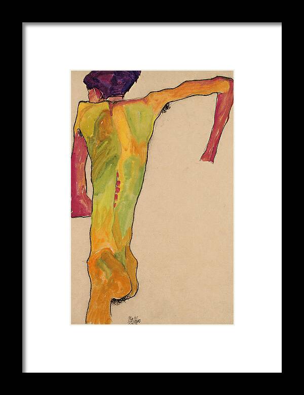 Egon Schiele Framed Print featuring the drawing Male Nude, Propping Himself Up by Egon Schiele