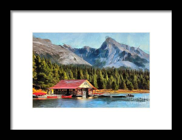 Maligne Lake Framed Print featuring the digital art Maligne Lake Boathouse by Eva Lechner