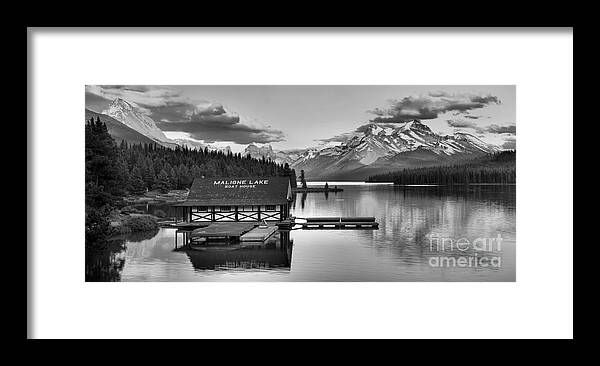 Malinge Lake Framed Print featuring the photograph Maligne lake Sunset Glow Panorama Black And White by Adam Jewell