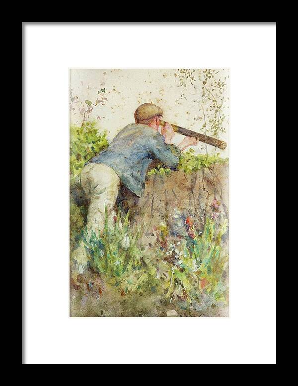 Man Framed Print featuring the painting Man Looking through a Telescope by Henry Scott Tuke