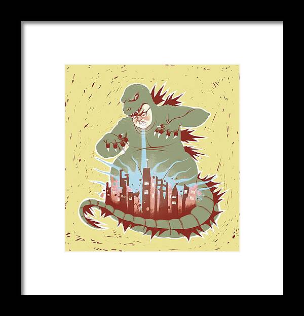 One Person Framed Print featuring the drawing Man with dragon costume destroying city by Stephanie Pena