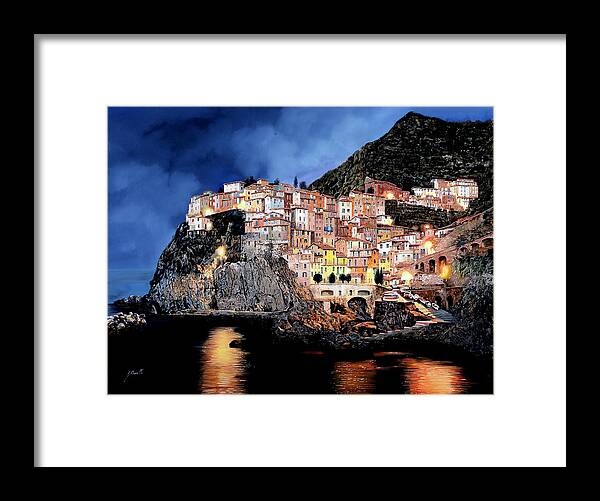 Seascape Framed Print featuring the painting Manarola di notte by Guido Borelli