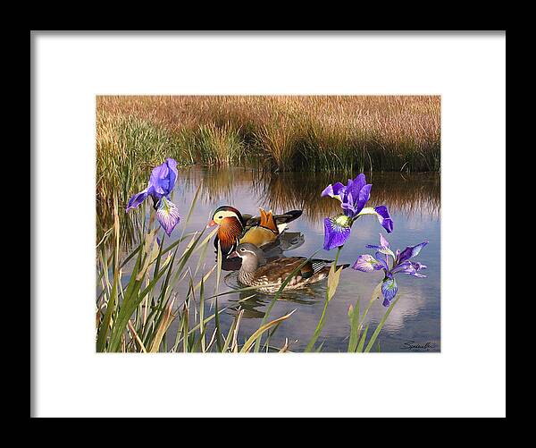 Bird Framed Print featuring the digital art Mandarin Ducks and Wild Iris by M Spadecaller