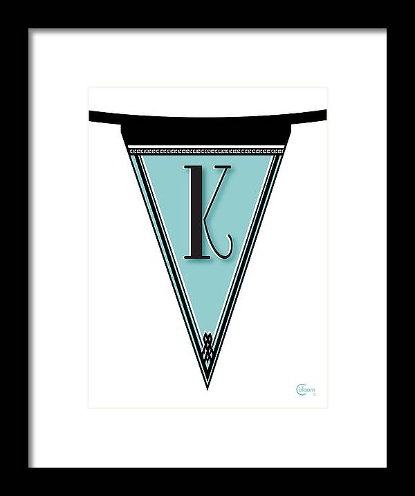 Banner Framed Print featuring the digital art Pennant Deco Blues Banner initial letter K by Cecely Bloom
