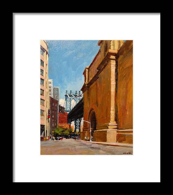 New York Framed Print featuring the painting Manhattan Bridge from Front Street, Brooklyn by Peter Salwen